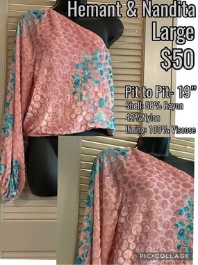 HEMANT & NANDITA Pink One-Shoulder Blouse with Teal Floral Accents